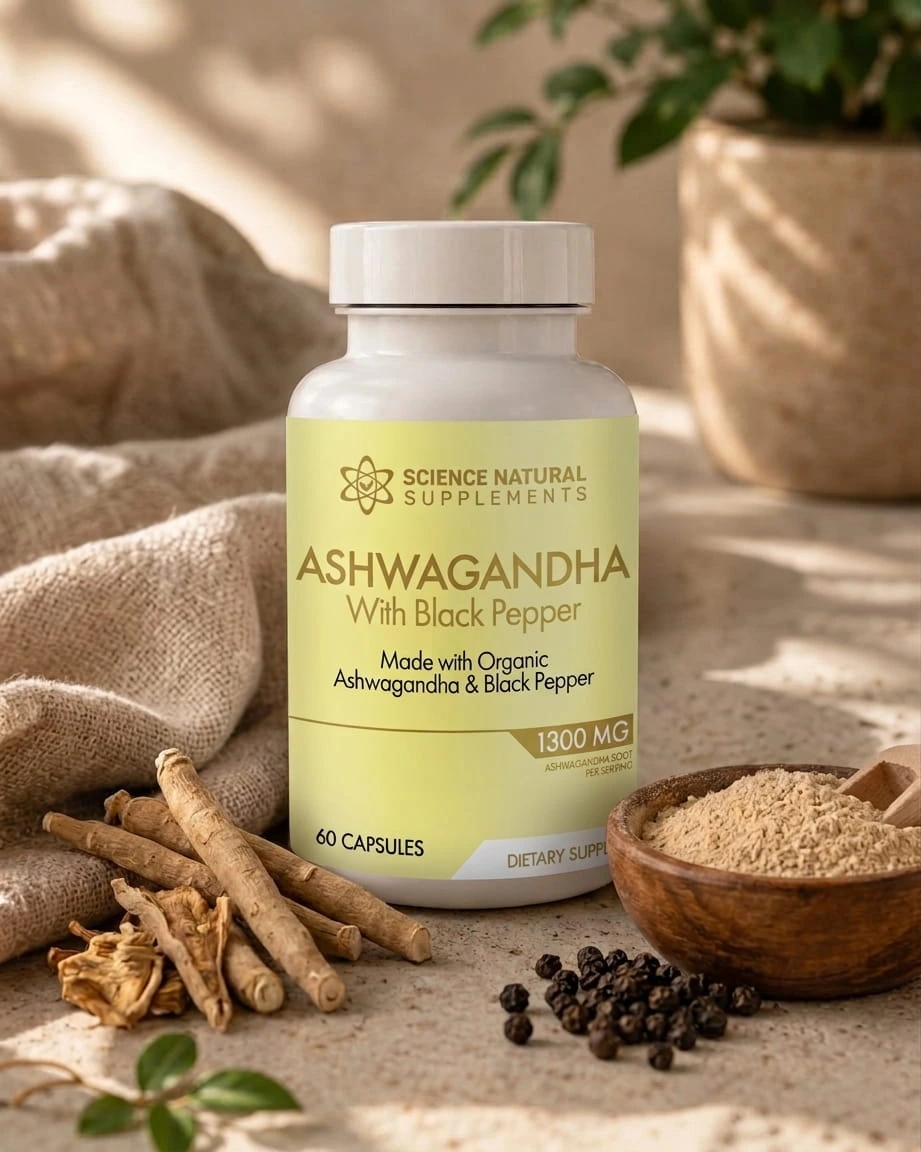 Ashwagandha bottle and capsules